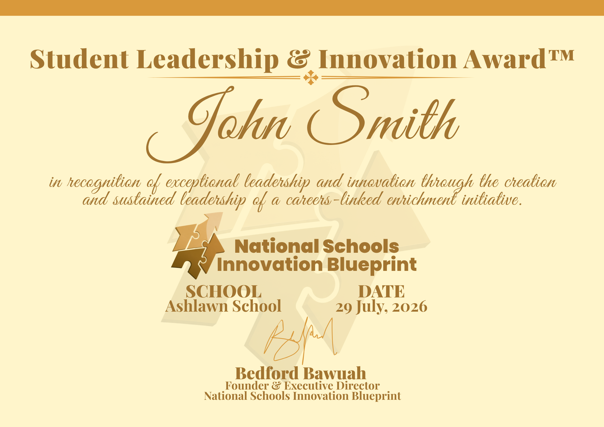 Student Leadership and Innovation Award certificate