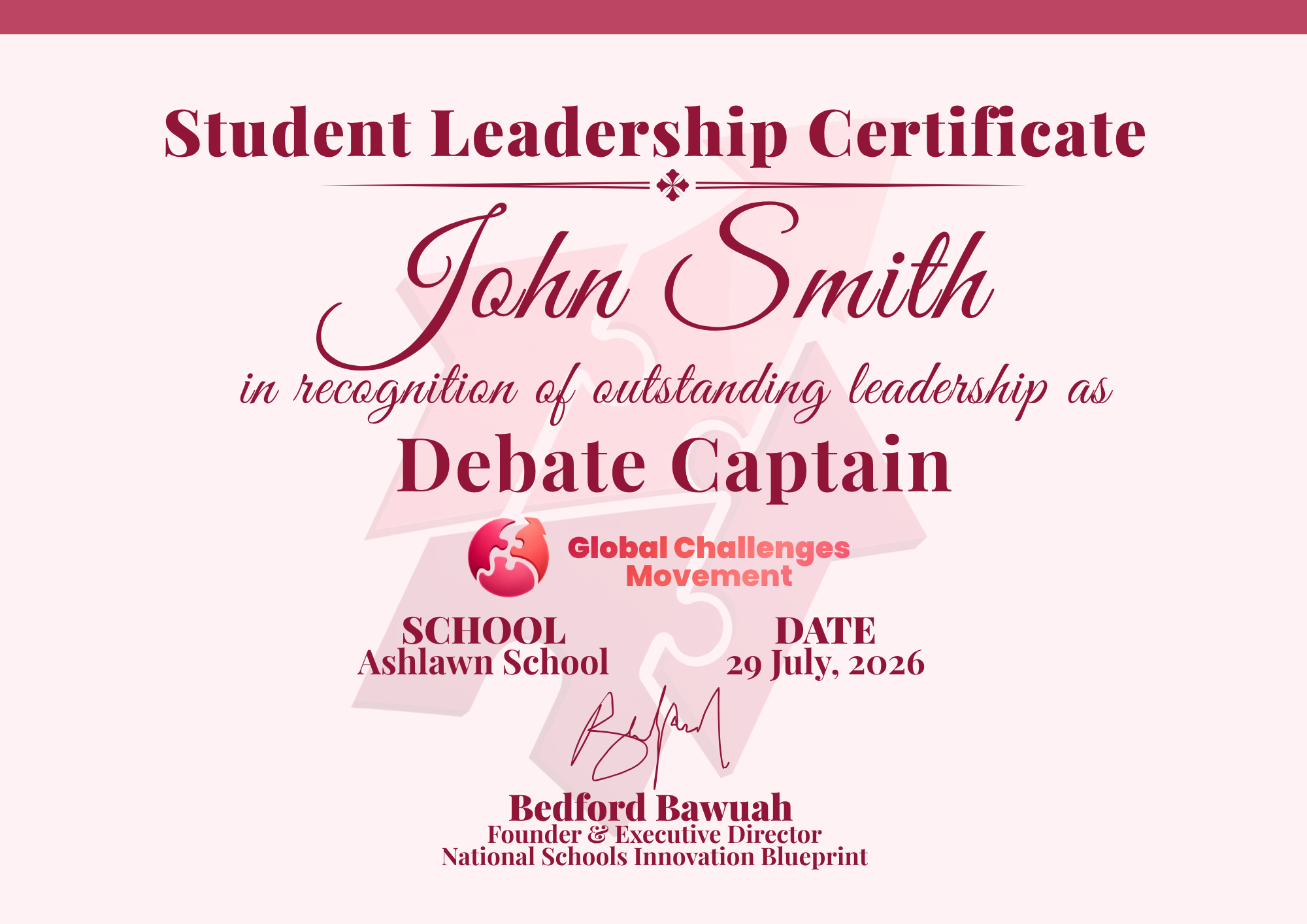 Student Leadership role certificate